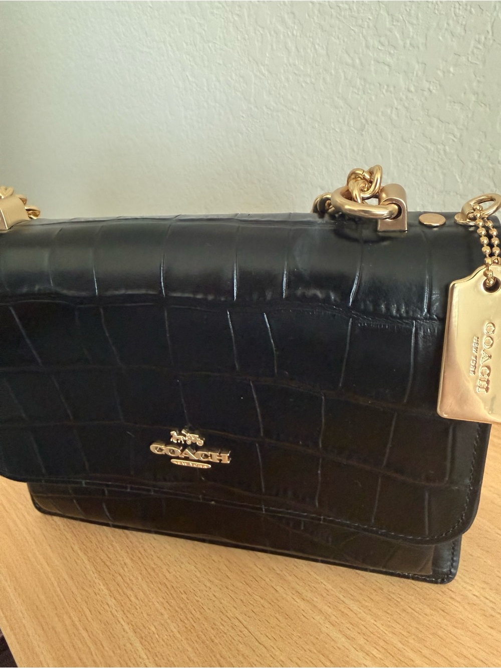 COACH Klare Black Croc-Embossed Leather Shoulder Bag with Gold Chain - Picture 3 of 6